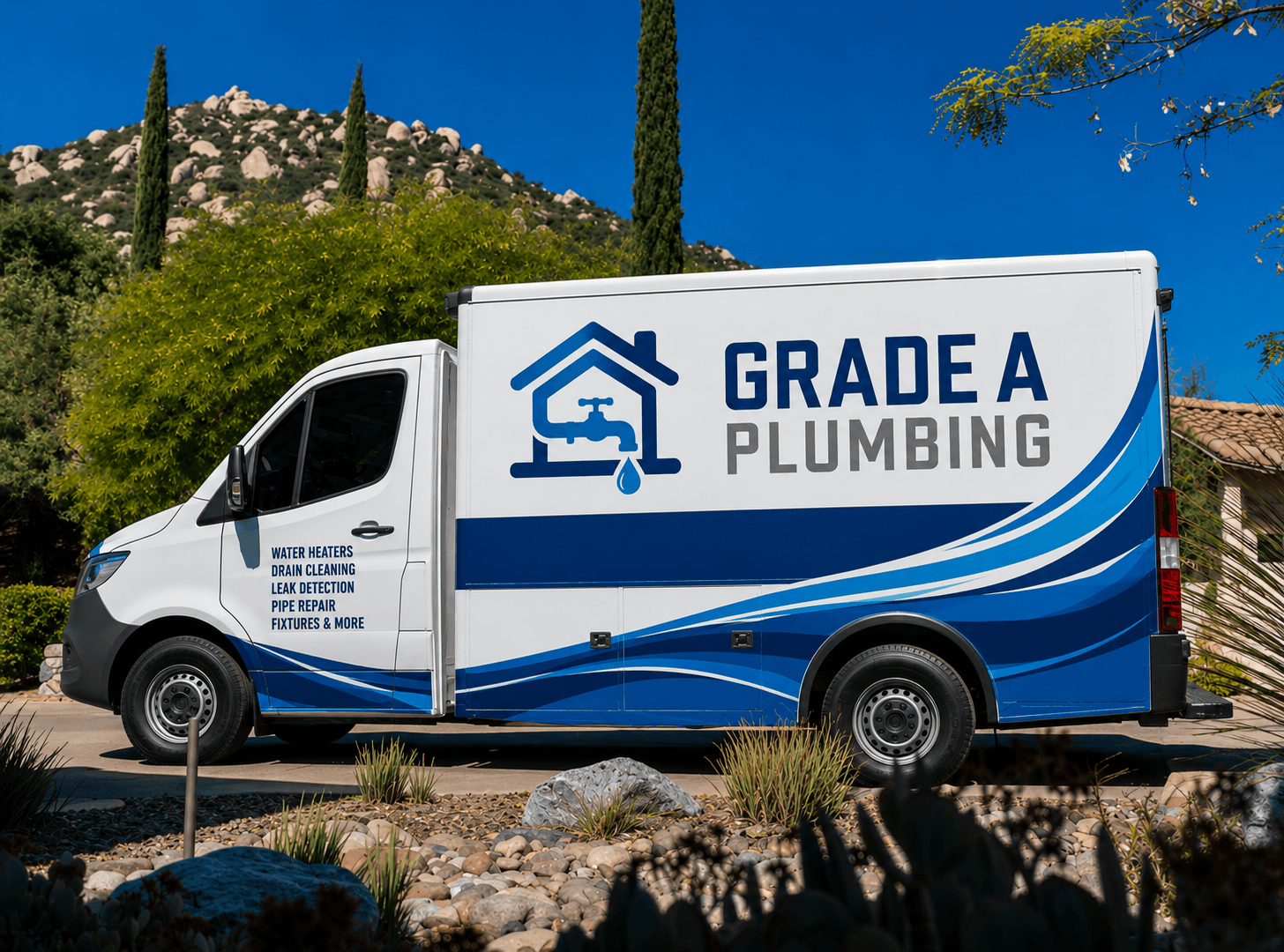 Grade A Plumbing service van parked outside a property